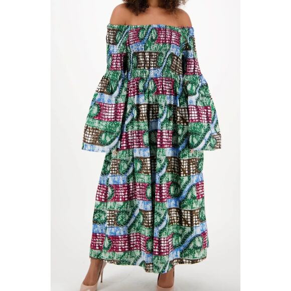 Advance Apparels African Green Blue Off Shoulder Shirred Maxi Dress - Picture 11 of 11